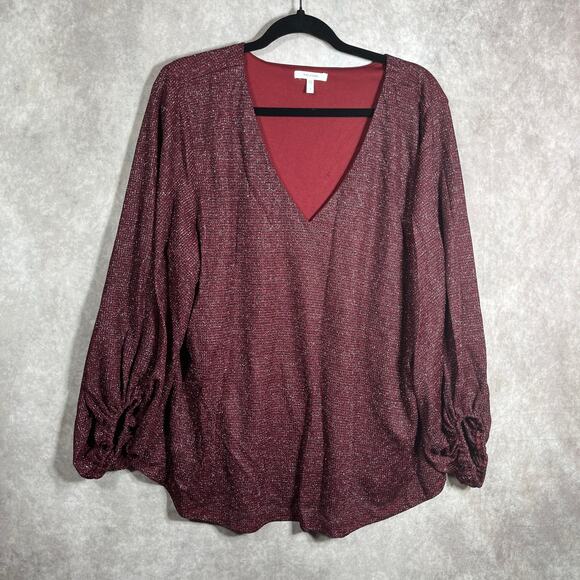 Maurice‎ Blouse Womens Size 1 Burgundy Sparkle Balloon Sleeves V-Neck Casual - Picture 1 of 10